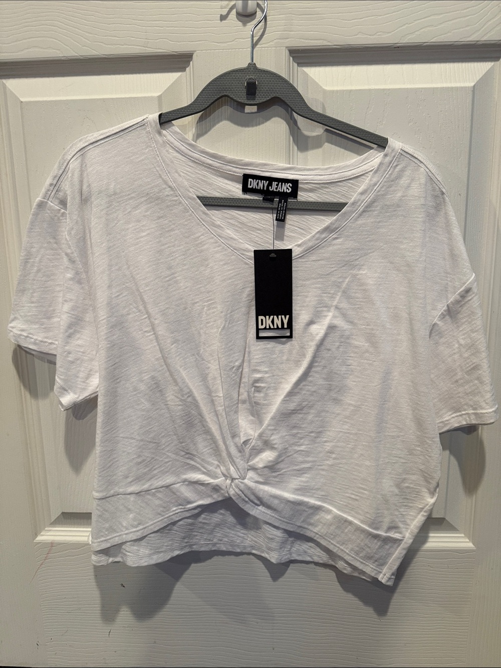 DKNY White Twist-Front V-Neck Crop Top